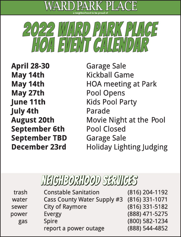 The Ward Park Place 2022 HOA Event Calendar.